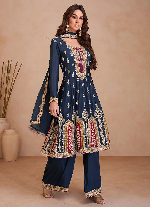 Special Price Navy Blue Traditional Embroidered Anarkali Palazzo Style Suit