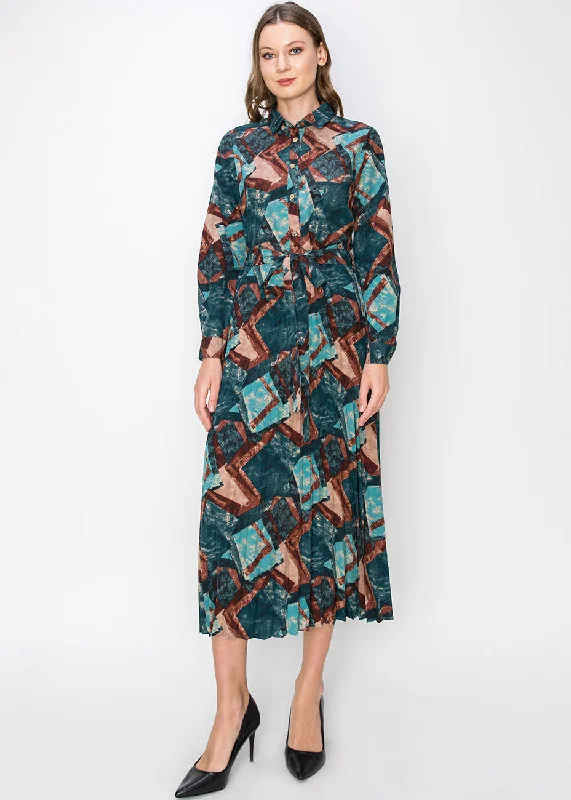 Blowout Deals Abstract Turquoise Pleated Midi Dress