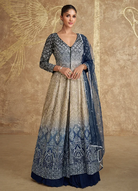 Final Markdown Blue Beige Ombré Embroidered Slit Style Anarkali Lehenga