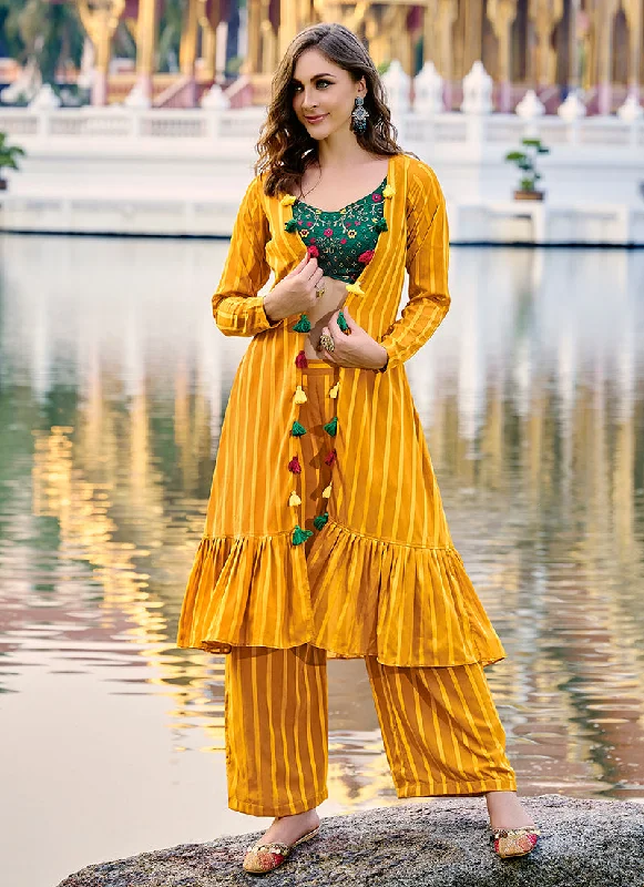Fantastic Offers Yellow And Green Multi Embroidered Jacket Style Co-Ord Set