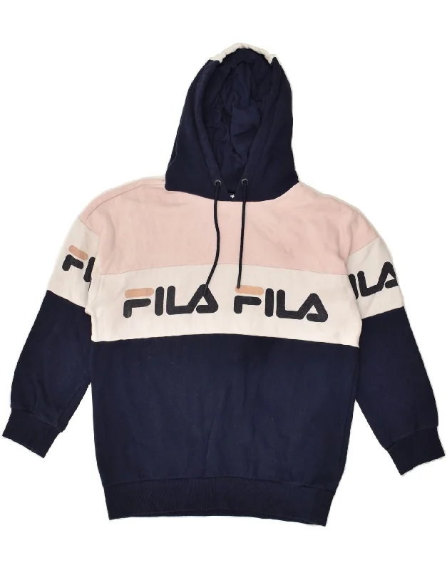 Online Exclusive FILA Womens Graphic Hoodie Jumper UK 10 Small Navy Blue Colourblock Cotton