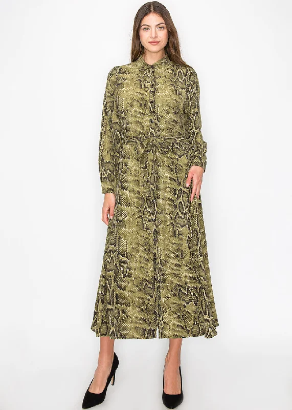Crazy Savings Green Snake-Print Button-Up Dress