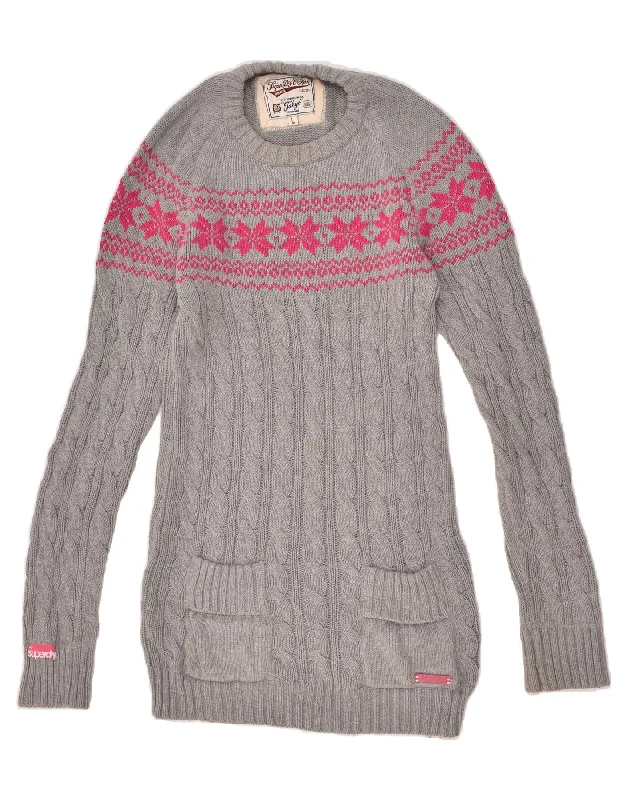 Act Now SUPERDRY Womens Longline Crew Neck Jumper Sweater UK 14 Large Grey
