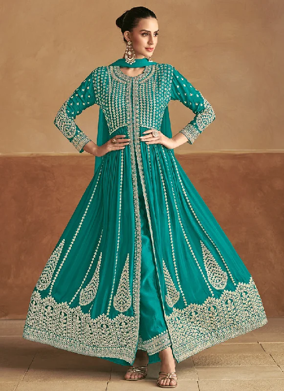Online Exclusive Turquoise Designer Embroidery Slit Style Anarkali Pant Suit