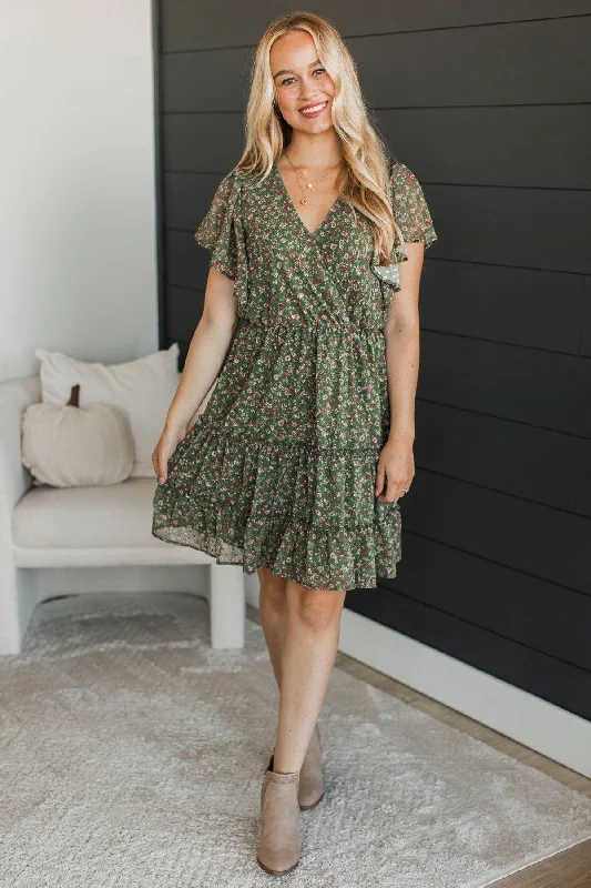 Final Clearance Date With Destiny Floral Dress- Dark Olive
