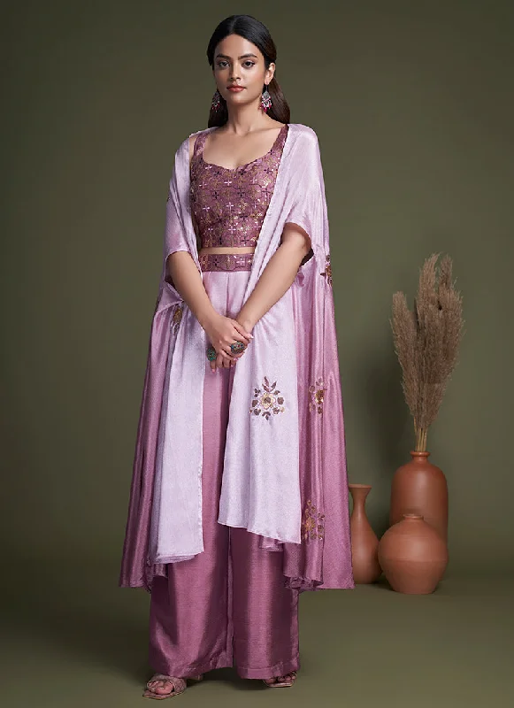 New Deals Mauve Purple Sequence Embroidery Cape Style Co-Ord Palazzo Set