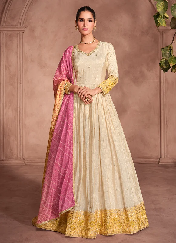 Unmissable Offer Beige And Yellow Traditional Embroidery Anarkali Suit