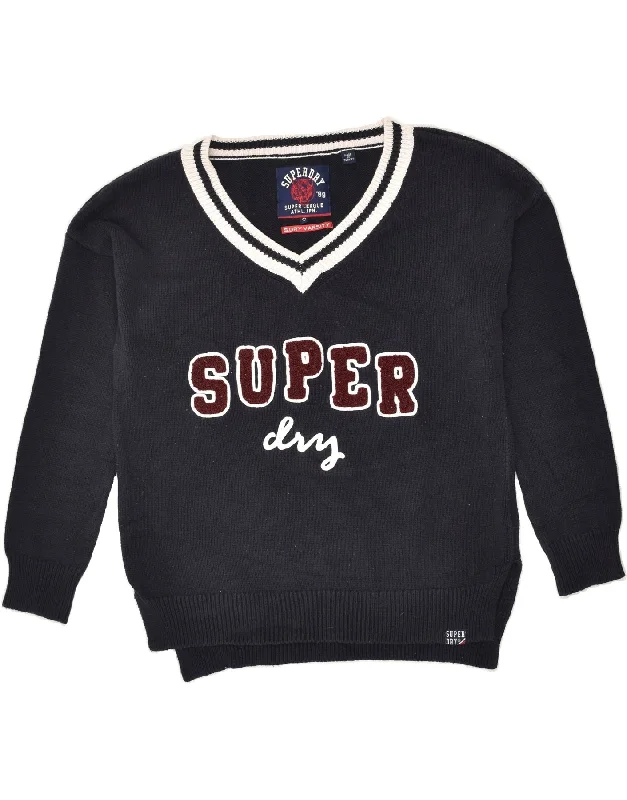 Price Cut SUPERDRY Womens Graphic V-Neck Jumper Sweater UK 10 Small Navy Blue Cotton