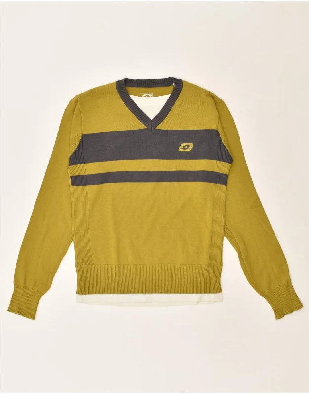 Bargain Prices LOTTO Womens V-Neck Jumper Sweater UK 12 Medium Yellow Colourblock Cotton