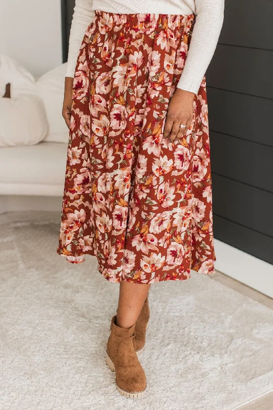 Savings Alert On My Heart Floral Skirt- Red Brown