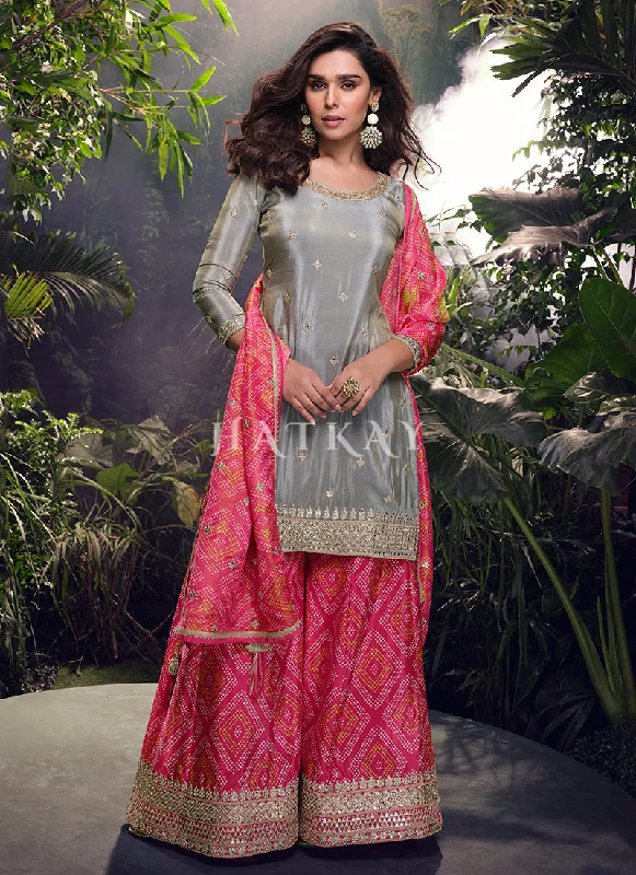 Price Buster Grey And Pink Wedding Sharara Suit