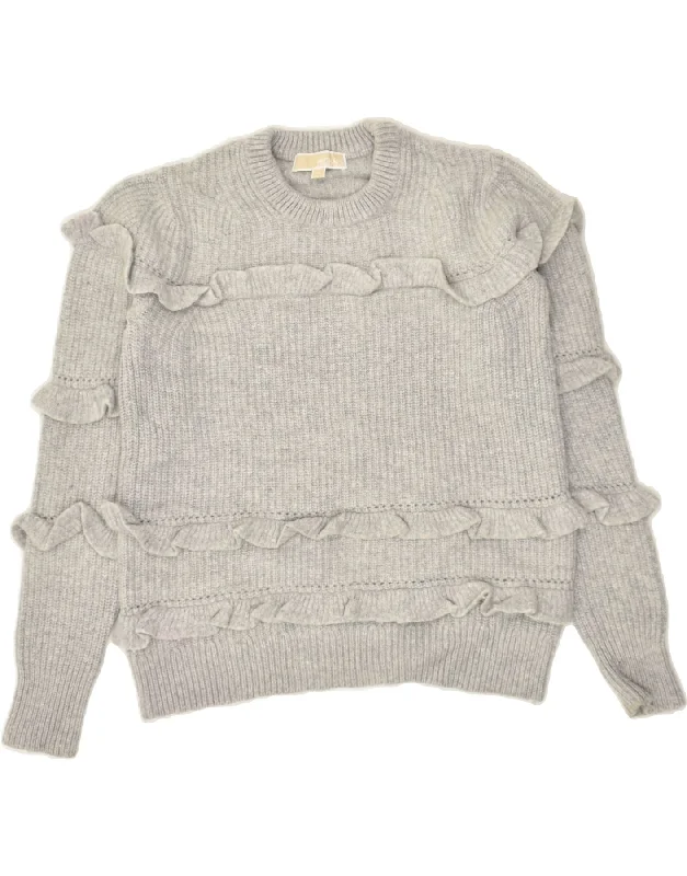 Bargain Blast MICHAEL KORS Womens Ruffle Crew Neck Jumper Sweater UK 14 Medium Grey Wool
