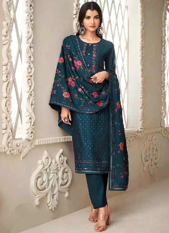 Holiday Sale Turquoise Floral Embroidery Traditional Salwar Kameez