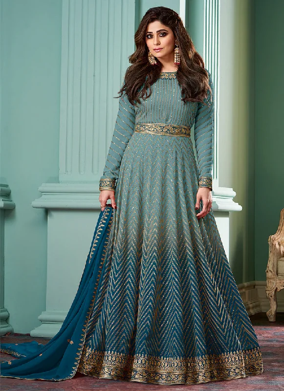 Big Discounts Turquoise Ombre Embroidered Bollywood Style Dress