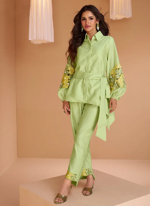 Deal Alert Lime Green Floral Print And Handwork Embellished Co-Ord Set