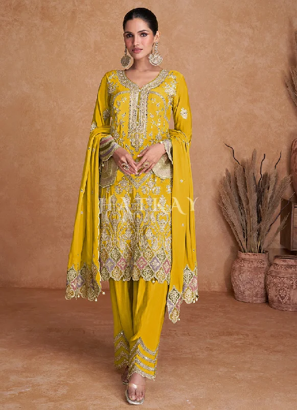 Crazy Deals Yellow Multi Embroidery Traditional Pant Style Suit