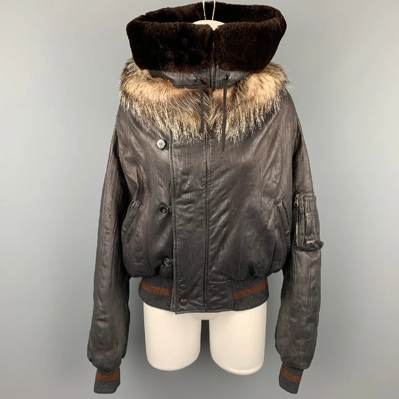 Best Deals JEAN PAUL GAULTIER Femme Size M Black Leather Sheep Skin Turtleneck Fur Collar Jacket
