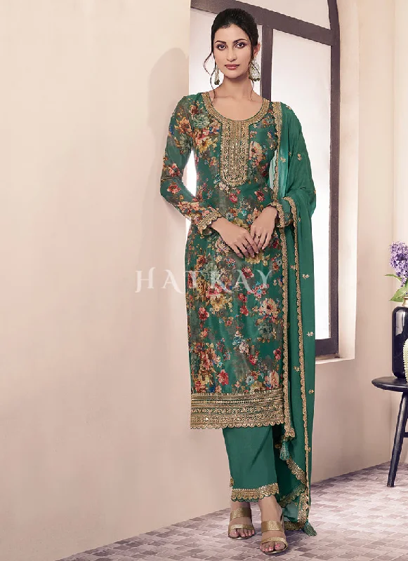 Steals and Deals Dark Green Printed Pakistani Suit