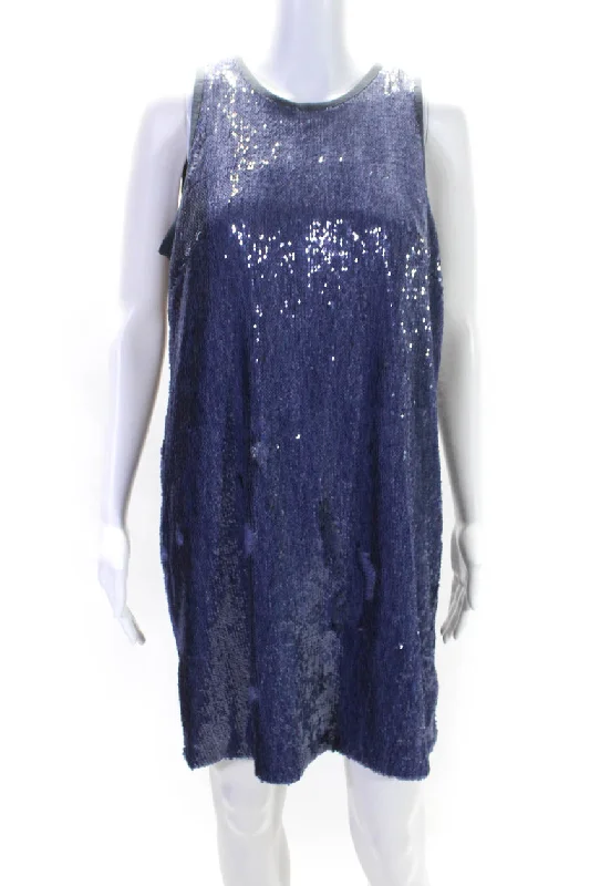 Can't Be Beat Carmen Marc Valvo Womens Denim Sequin Shift Blue