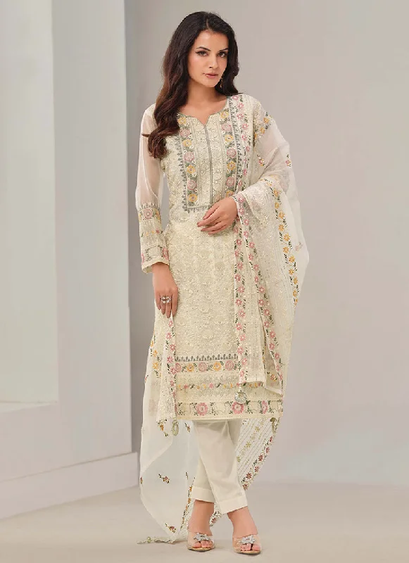 Price Drop Off White Embroidery Pakistani Pant Style Suit