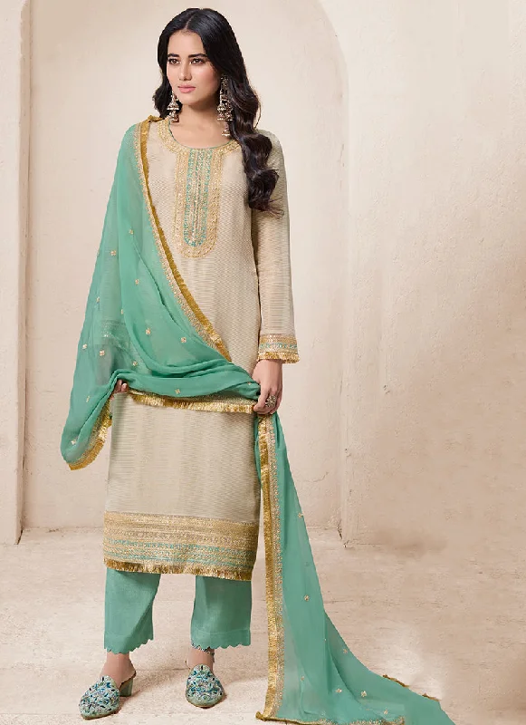 YEAR-End Sale Beige And Green Traditional Embroidery Salwar Kameez Suit
