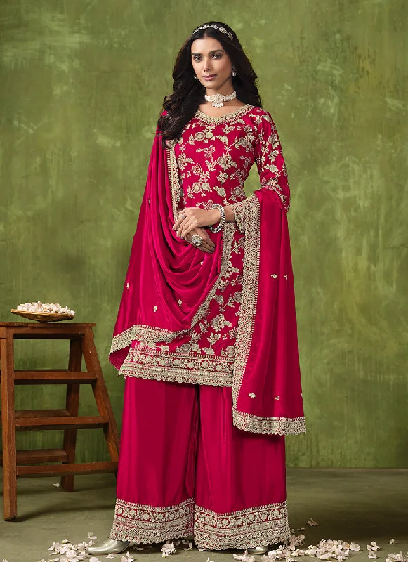 Mega Deal Rani Pink Reshamkari Embroidery Designer Palazzo Suit