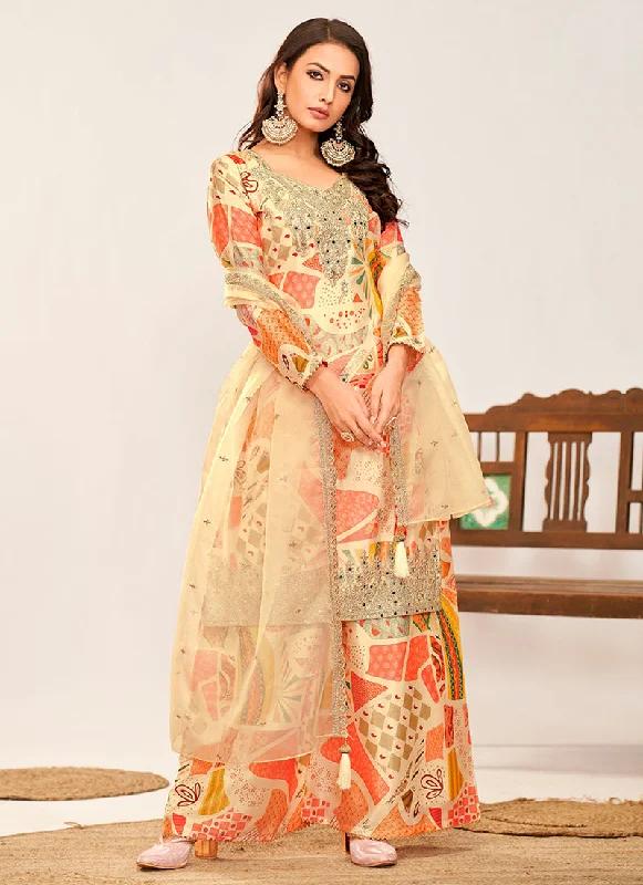 Buy Now Light Yellow Multicoloured Embroidery Palazzo Style Suit