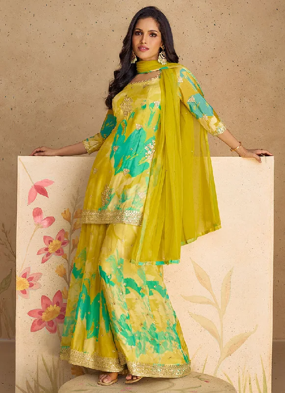 Weekend Deal Yellow And Green Sequence Embroidery Printed Palazzo Suit