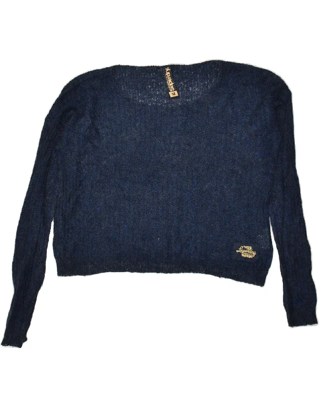 Shop and Save SUPERDRY Womens Crop Boat Neck Jumper Sweater UK 14 Medium Navy Blue