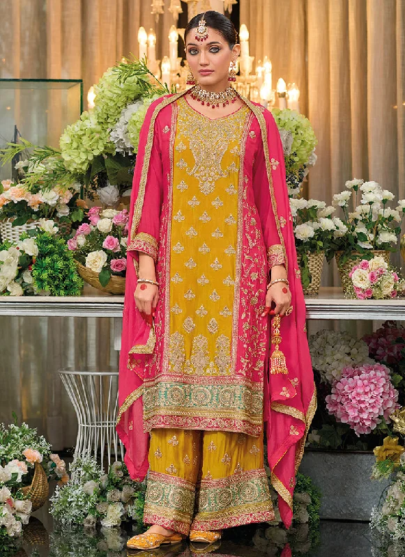 Daily Specials Yellow And Pink Multi Embroidery Palazzo Style Suit