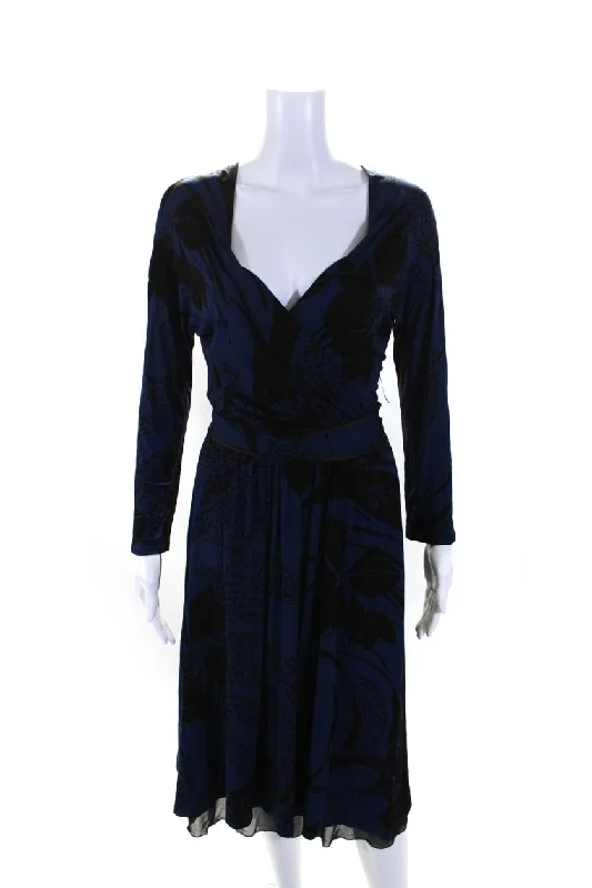 Shop and Save Max Mara Womens Floral V-Neck Belted Long Sleeve Sheath Dress Blue