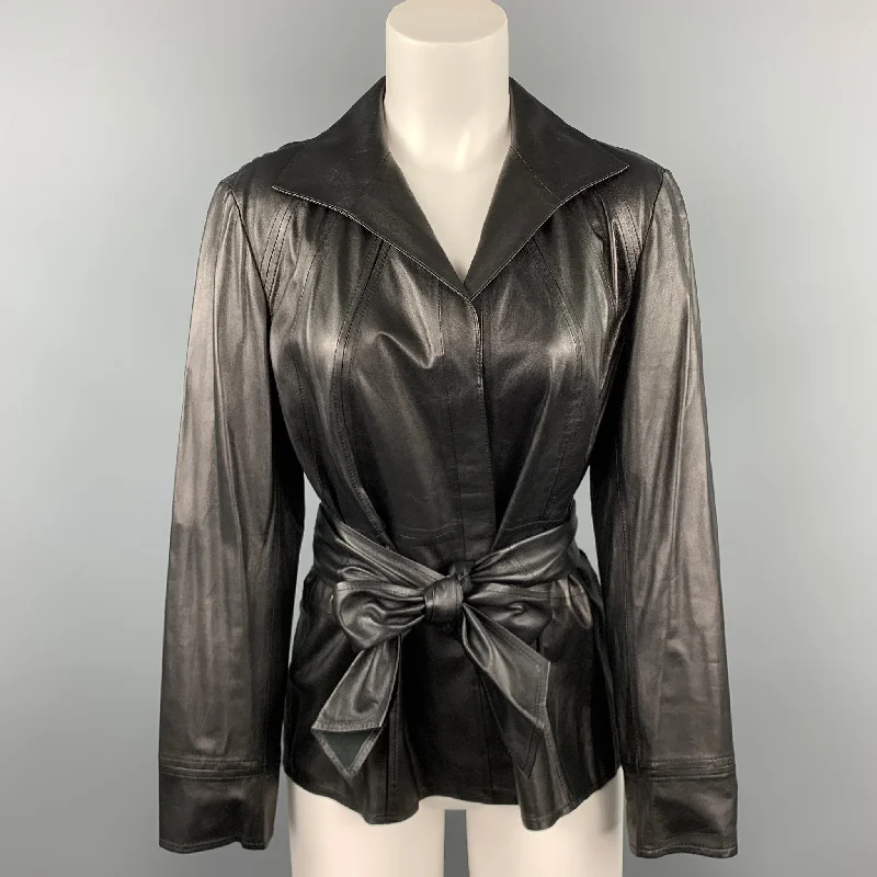 Price Rollback LAFAYETTE 148 Size 10 Black Leather Belted Hidden Button Jacket