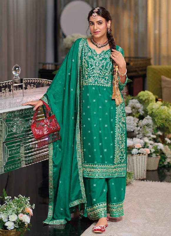 New Deals Dark Green Traditional Embroidery Chinnon Palazzo Suit
