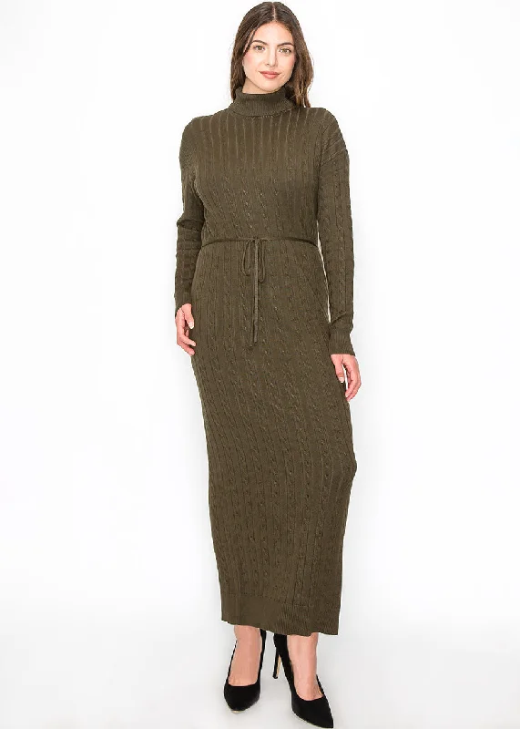 Shop and Save Long Olive Knit Dress with Belt