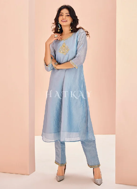 Special Savings Sky Blue Handwork Kurta And Pant Suit