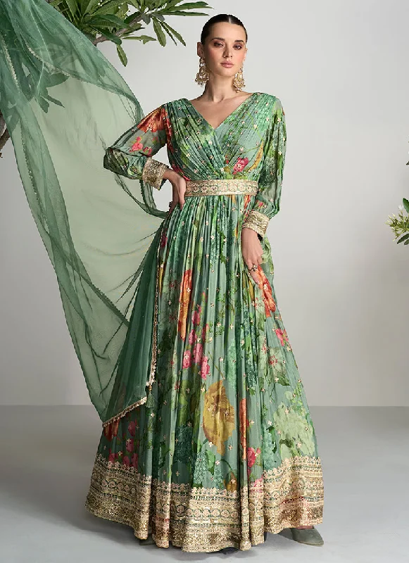 Buy Now Green Floral Printed Handwork Embroidered Anarkali Gown