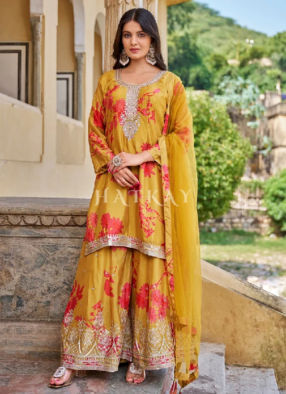 Huge Discounts Yellow Embroidery Printed Palazzo Suit
