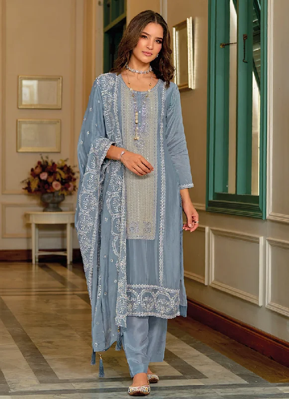 Special Savings Blue Designer Embroidery Silk Salwar Suit