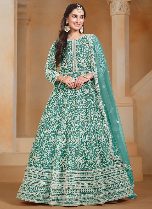 Bargain Blast Turquoise Embroidery Festive Anarkali Suit