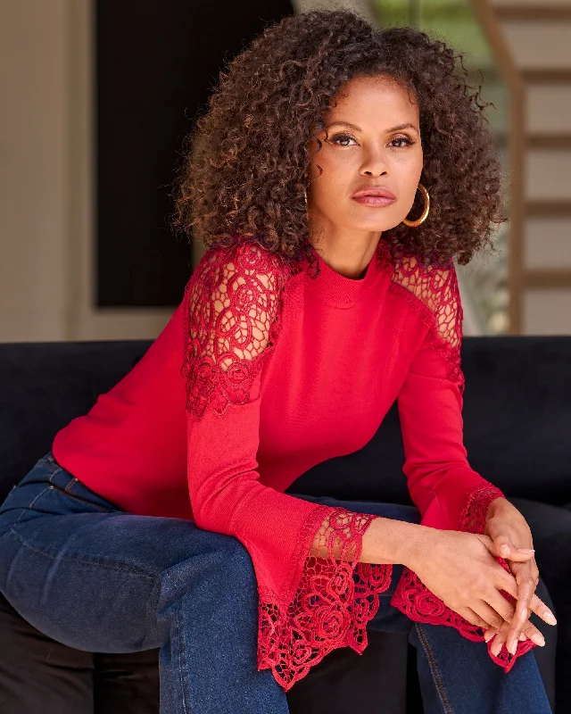 Savings Alert Lace Inset Flare Sleeve Racing Red