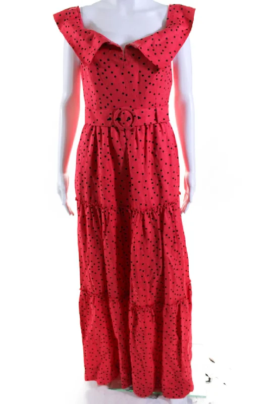 Discount Mania Rebecca Wallance Women's Sleeveless Belted Tiered Polka Dot Maxi Dress