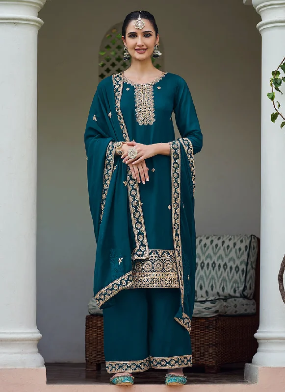 Major Savings Turquoise Embroidery Georgette Palazzo Suit