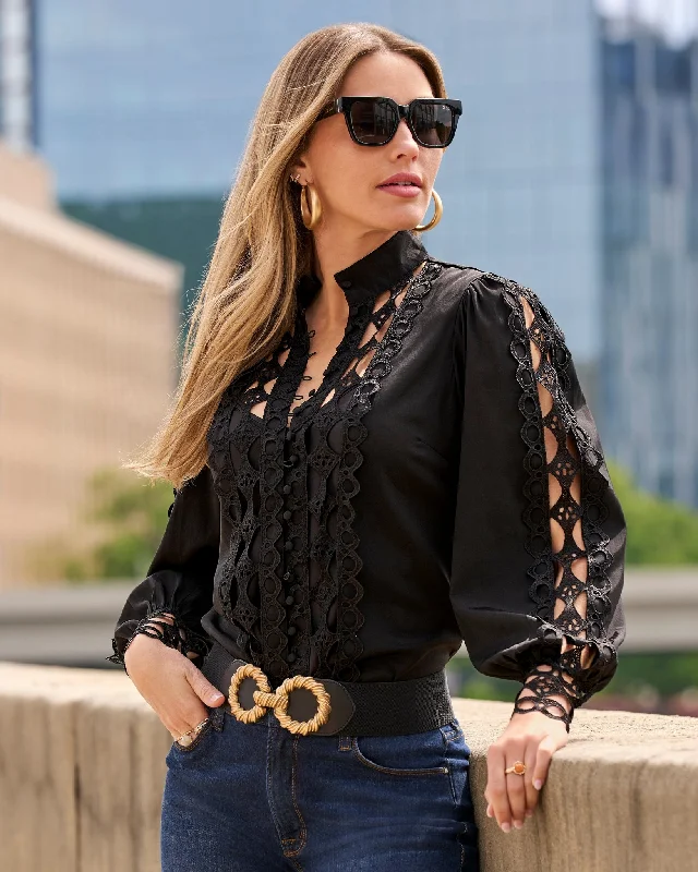 Midnight Madness Cutout Lace Button Up Shirt Black