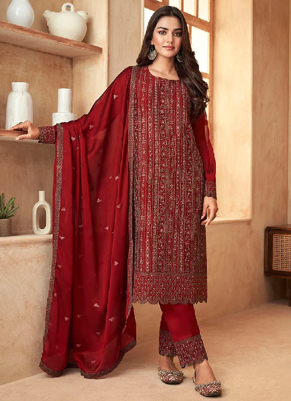 Big Discounts Red Sequence Embroidery Pant Style Suit