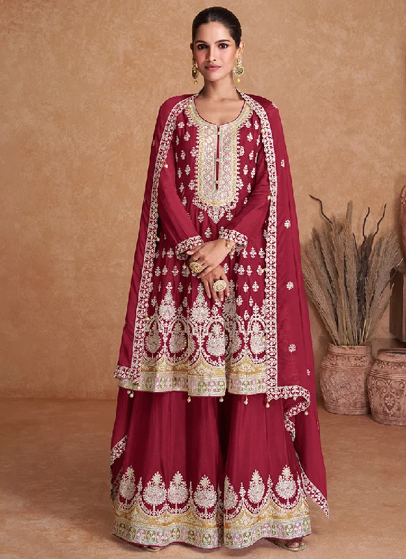 Online Only Bridal Red Multi Embroidery Wedding Gharara Style Suit
