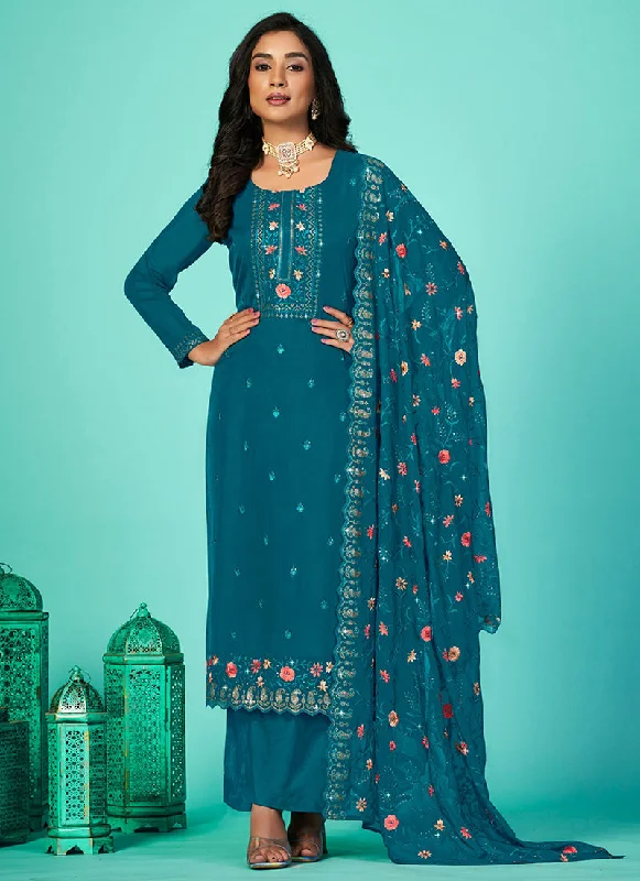 Great Deals Turquoise Multi Floral Embroidery Traditional Pant Style Suit