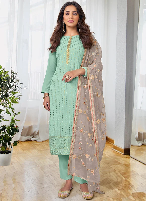 Hot Deal Sea Green And Grey Sequence Embroidery Traditional Pant Suit
