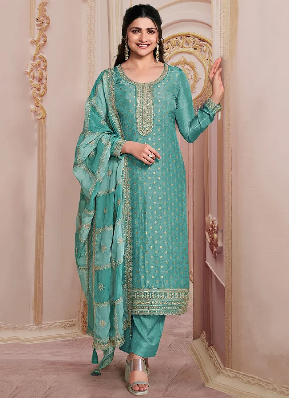 Overstock Turquoise Embroidered Pakistani Pant Suit