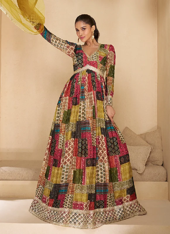Year-End Sale Red Multi Digital Printed Embroidered Anarkali Gown Dress