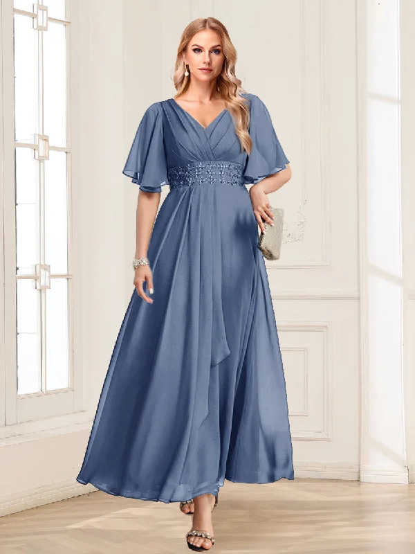 Limited Quantity A-Line/Princess V-Neck Short Sleeves Mother of the Bride Dresses with Ruffles
